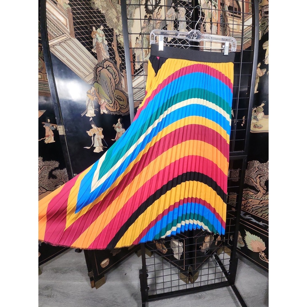 Sadie & Love Pleated Rainbow Midi Skirt | M | Elastic Waist | Striped Boho Pride - Picture 2 of 6